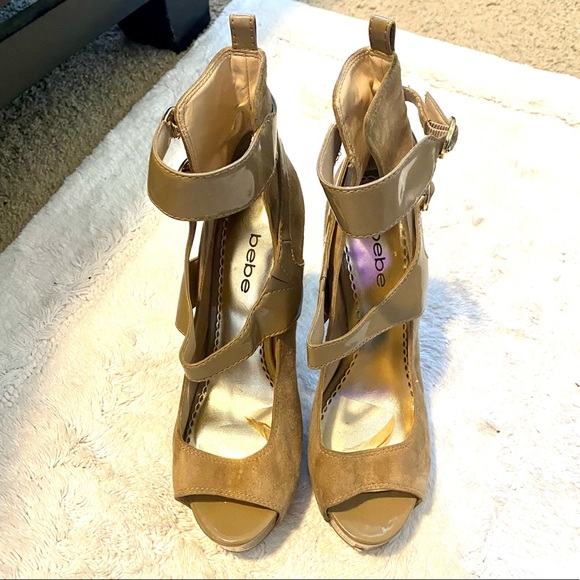 bebe Shoes - Tan sued & patent BEBE stiletto heels w/ankle straps, 6 inch